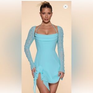Oh Polly Ling Sleeve Cowl Neck A-Line Mini Dress in Aqua -size 0